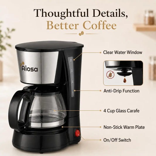 4 Cup Mini Drip Coffee Maker, Reusable Filter, Keep Warm, Anti-Drip
