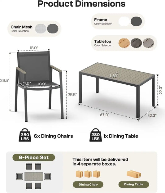 Outdoor Dining Table, Aluminum Patio Table Set, All Weather Patio Dining Furniture Set with Umbrella Hole for Backyard, Deck, Poolside (Gray)