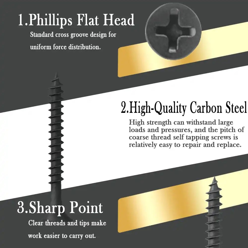Coarse Thread Drywall Screw, #8 x 2-3/8", Black Phosphate Coated, Bugle Head Phillips Drive, Fast Self Tapping, Sharp Point, Ideal Screw for Drywall Sheetrock, Wood, and More, 40 Pieces