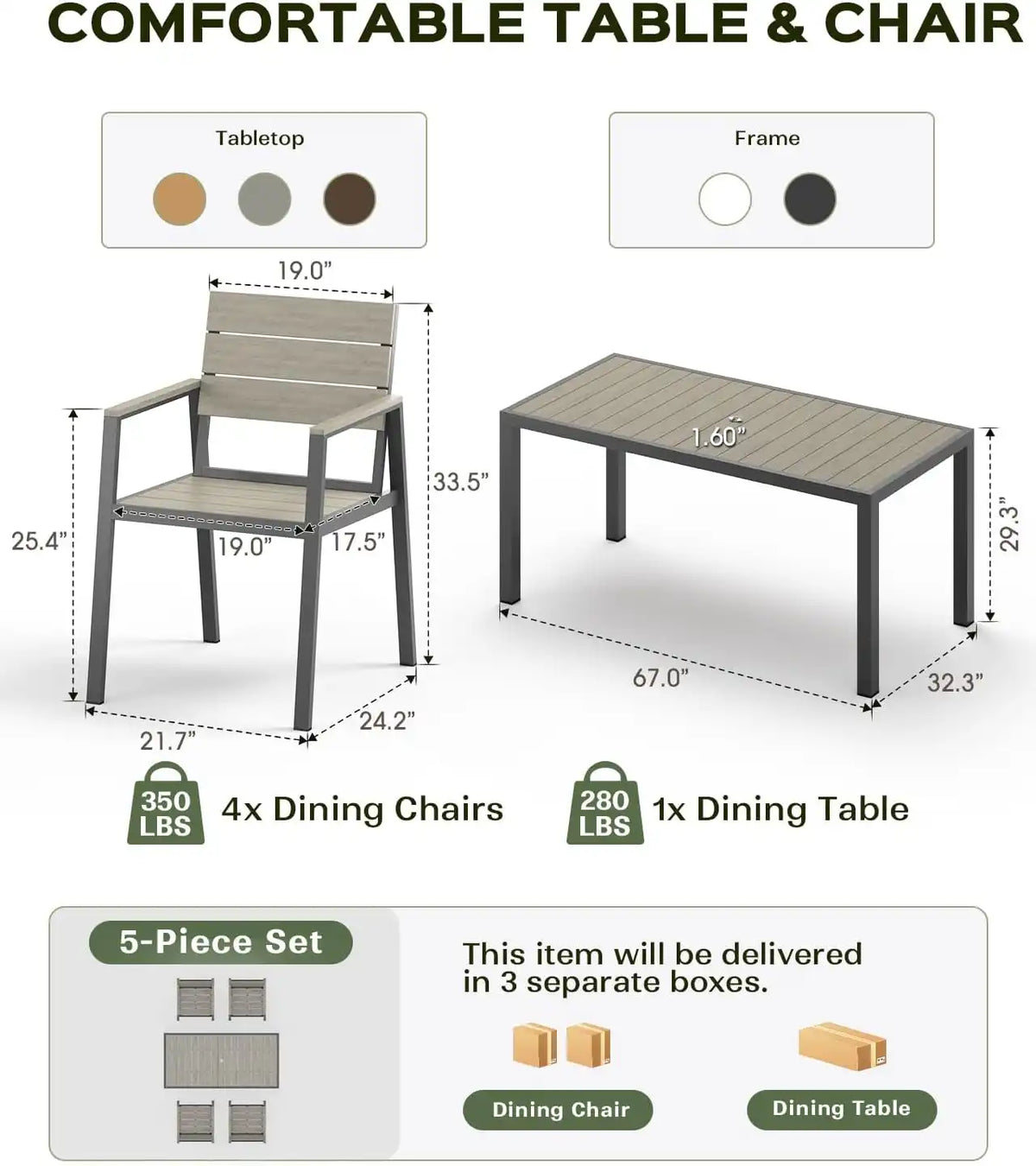 Vexwalx Outdoor Dining Set, Aluminum Dining Table Set for 4, Patio Table and Chairs Set with Umbrella Hole, All Weather HDPS Outdoor Table and Chairs for 4 (5-Piece, Gray)
