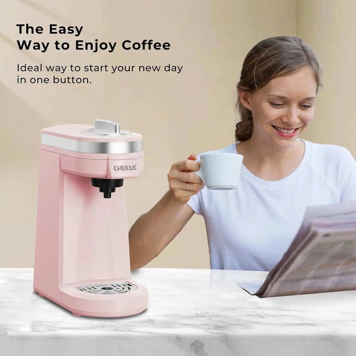 CHULUX Mini Single Serve Coffee Maker for K Cup, Fast Heating, Dusty Rose