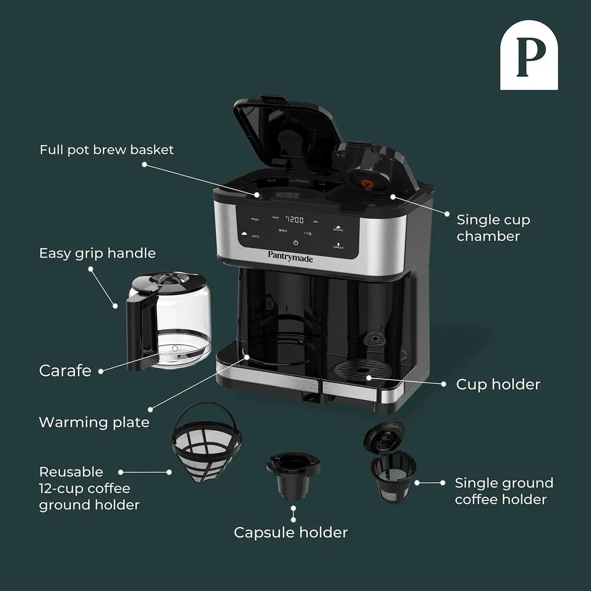 Pantrymade Dual Brew Coffee Maker, 12-Cup Drip & Single Serve K-Cup, Black