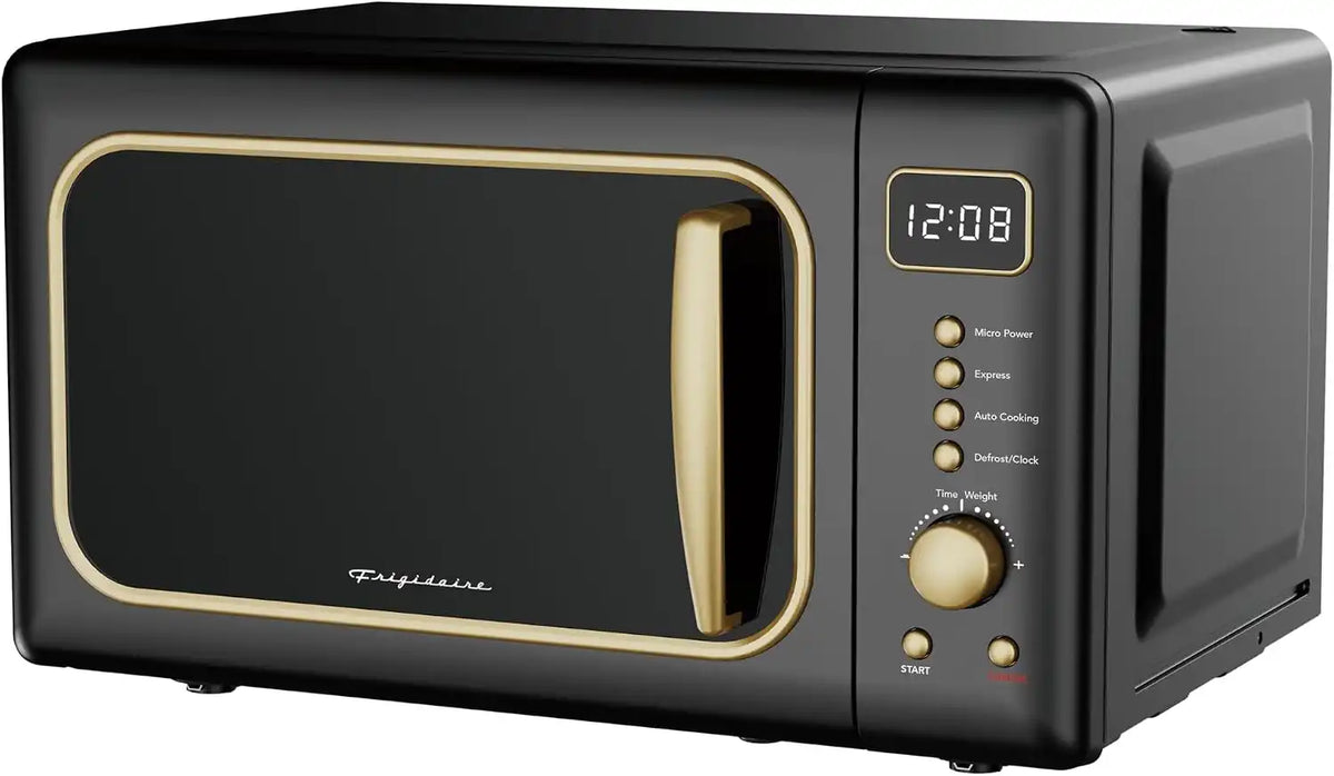 Frigidaire, 0.7 Cu. Ft. Retro Countertop Microwave Oven, 700W Compact Microwave with 8 Auto Cook Menus, Auto Defrost, 5 Power Levels, LED Display, Glass Turntable, Black Gold