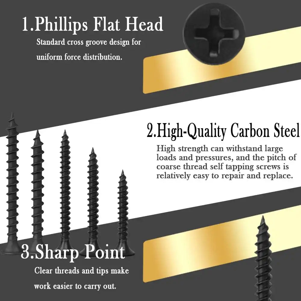 Drywall Screws Assortment Kit, #6#7 Black Wood Screws for Drywall, Phosphate Coated Finish, Fine Thread Sheetrock Screws Set, Phillips Bugle Head Self Tapping Dry Wall Screws, 148 Pcs