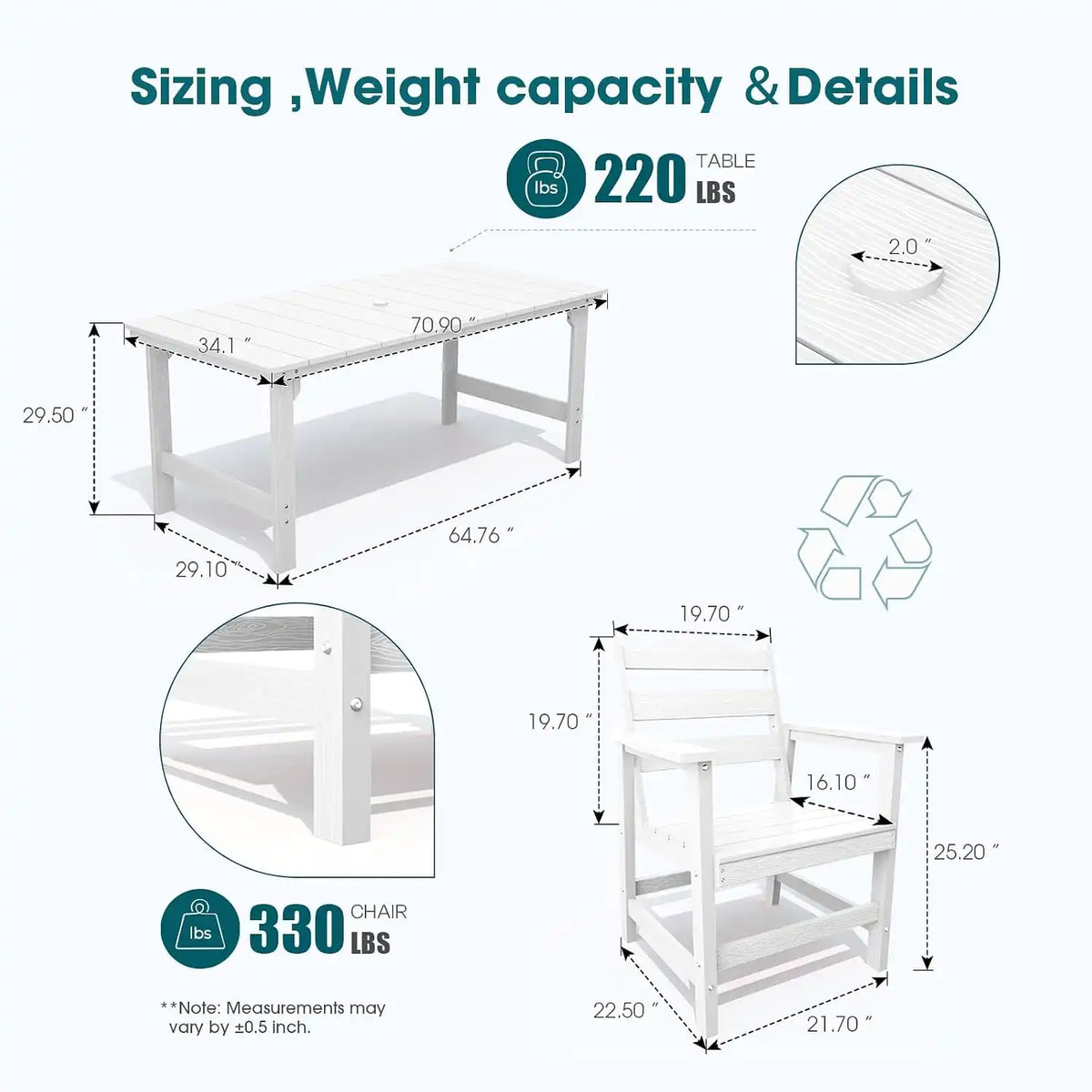 THOEOE Outdoor Dining Chair Set of 2, HDPE Patio Armchairs White