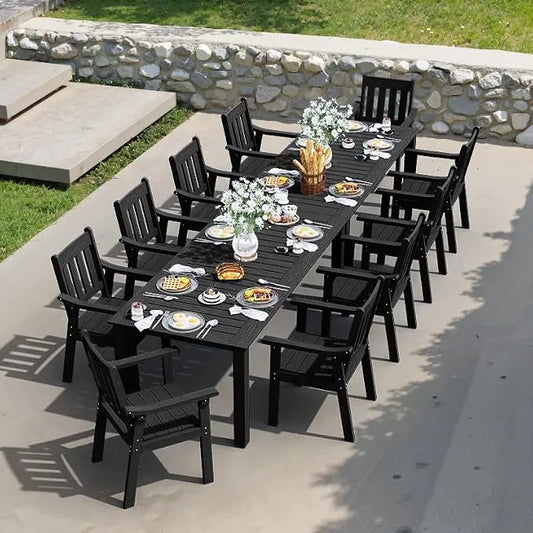 YEFU Outdoor Dining Set for 10, All-Weather HIPS, Aluminum Frame, Black