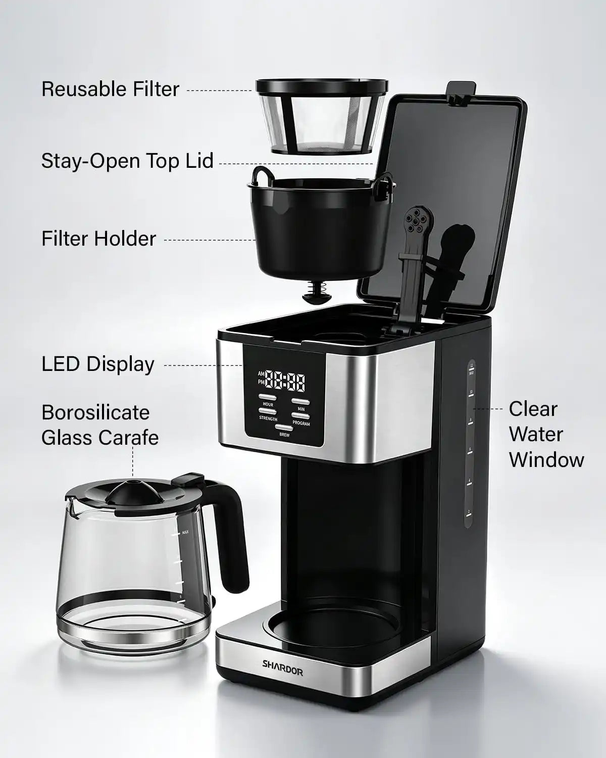 SHARDOR 12-Cup Programmable Coffee Maker, Regular & Bold, LED Display