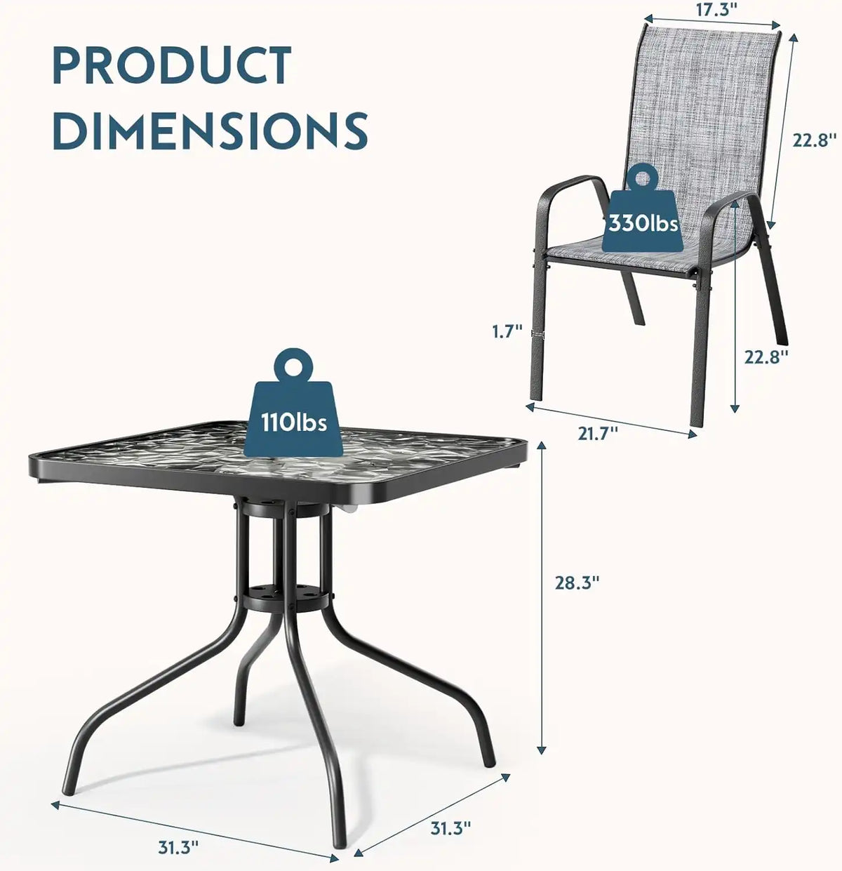 Arlopu 5 Pieces Outdoor Patio Dining Set, Glass Table and Textilene Chair