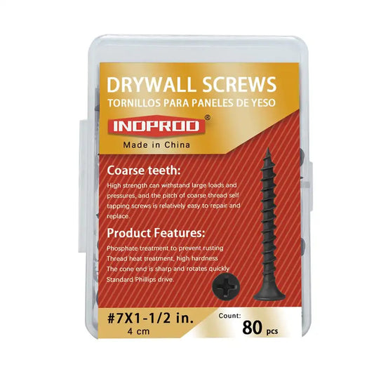 #7 x 1-1/2" Coarse Thread Drywall Screw with Phillips Bugle Head, Black Phosphate Coated, Sharp Point, High Strength Quick Self Tapping Screw for Drywall Sheetrock, Wood and More, 80Pcs