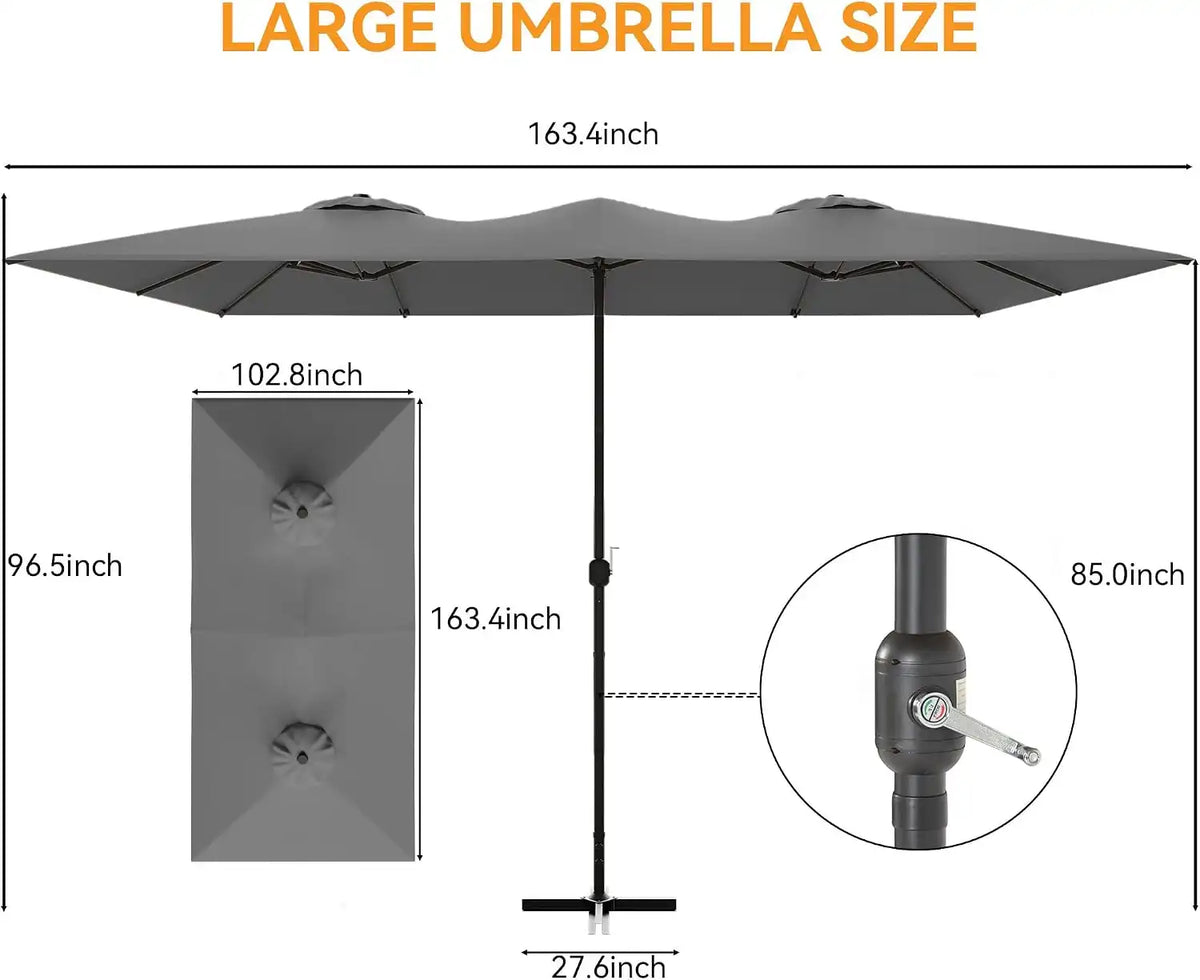 8 PCS Outdoor Patio Dining Set with 13.6ft Double-Sided Patio Umbrella,Patio Table and Chairs Metal Outdoor Patio Furniture Set,Dining Table Set with 6 Swivel Chairs,Grey
