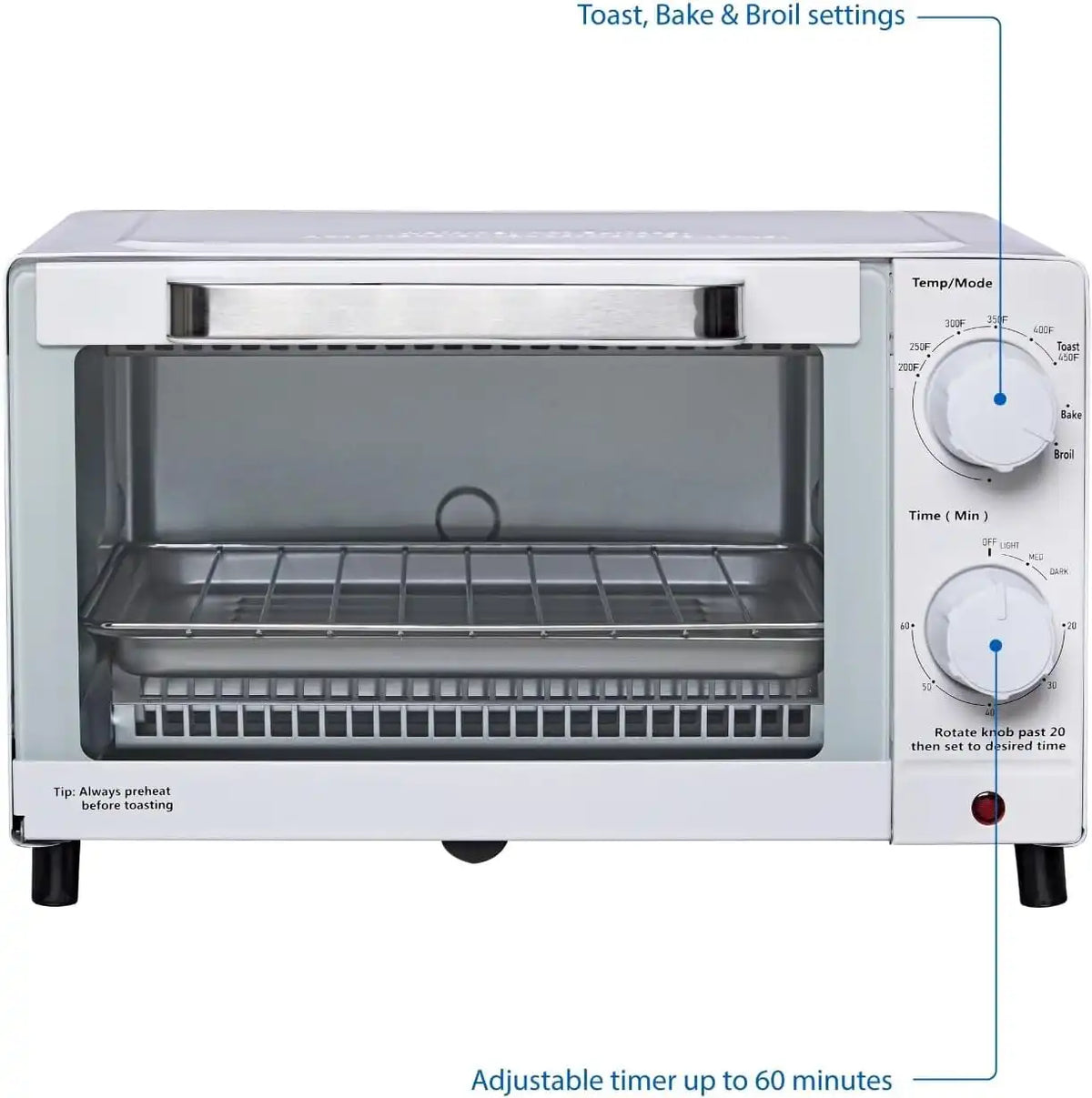 Mainstay Toaster Oven Combo Kitchen Appliances, Fits 9” Pizza, 4 Slice Capacity, Powerful Circulation, Auto Shutoff, Includes Baking Rack Pan Quartz, up to 60 Min, Easy Clean (Arctic White)