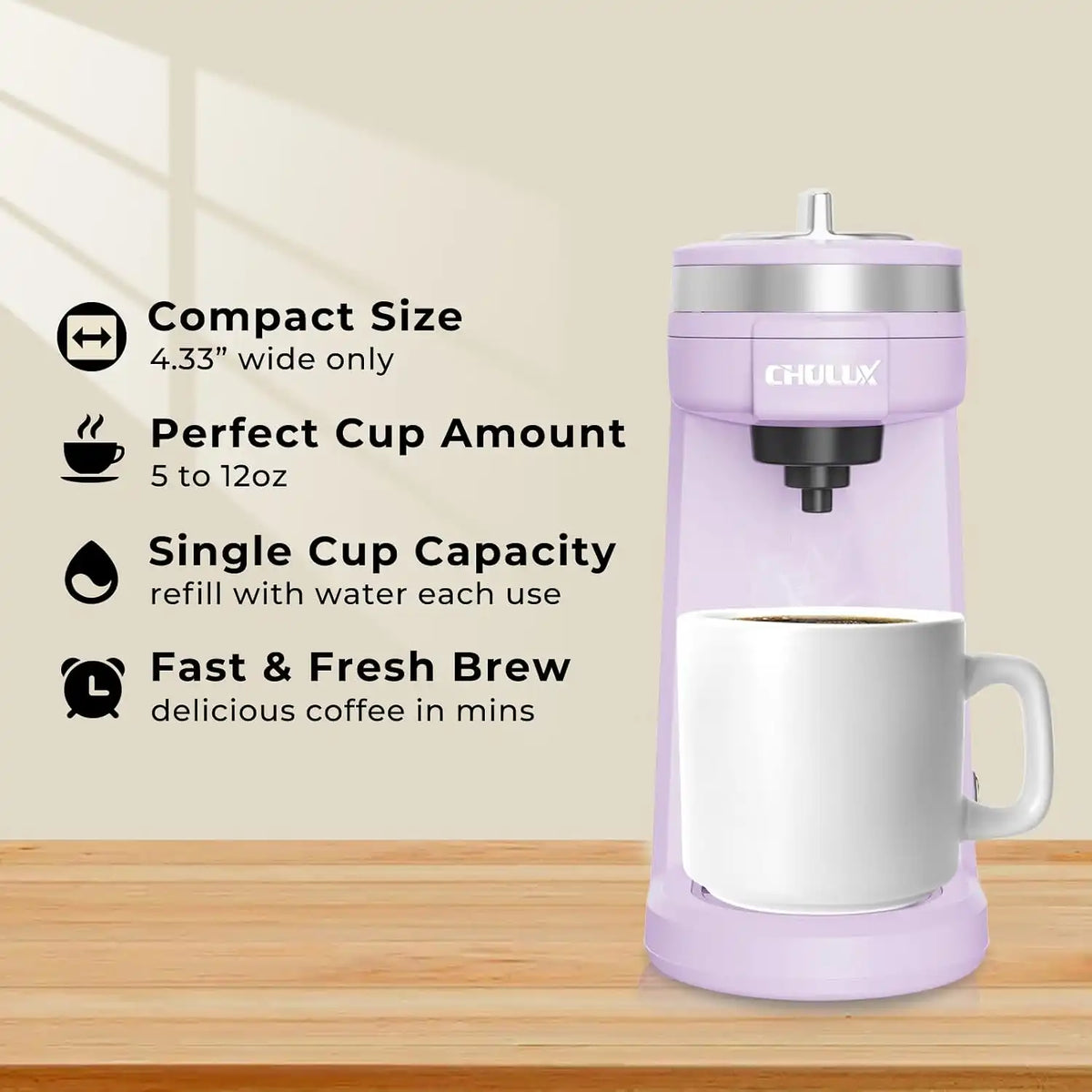 CHULUX Mini Single One Cup Coffee Maker for K Pod, Auto Shut Off, Lavender