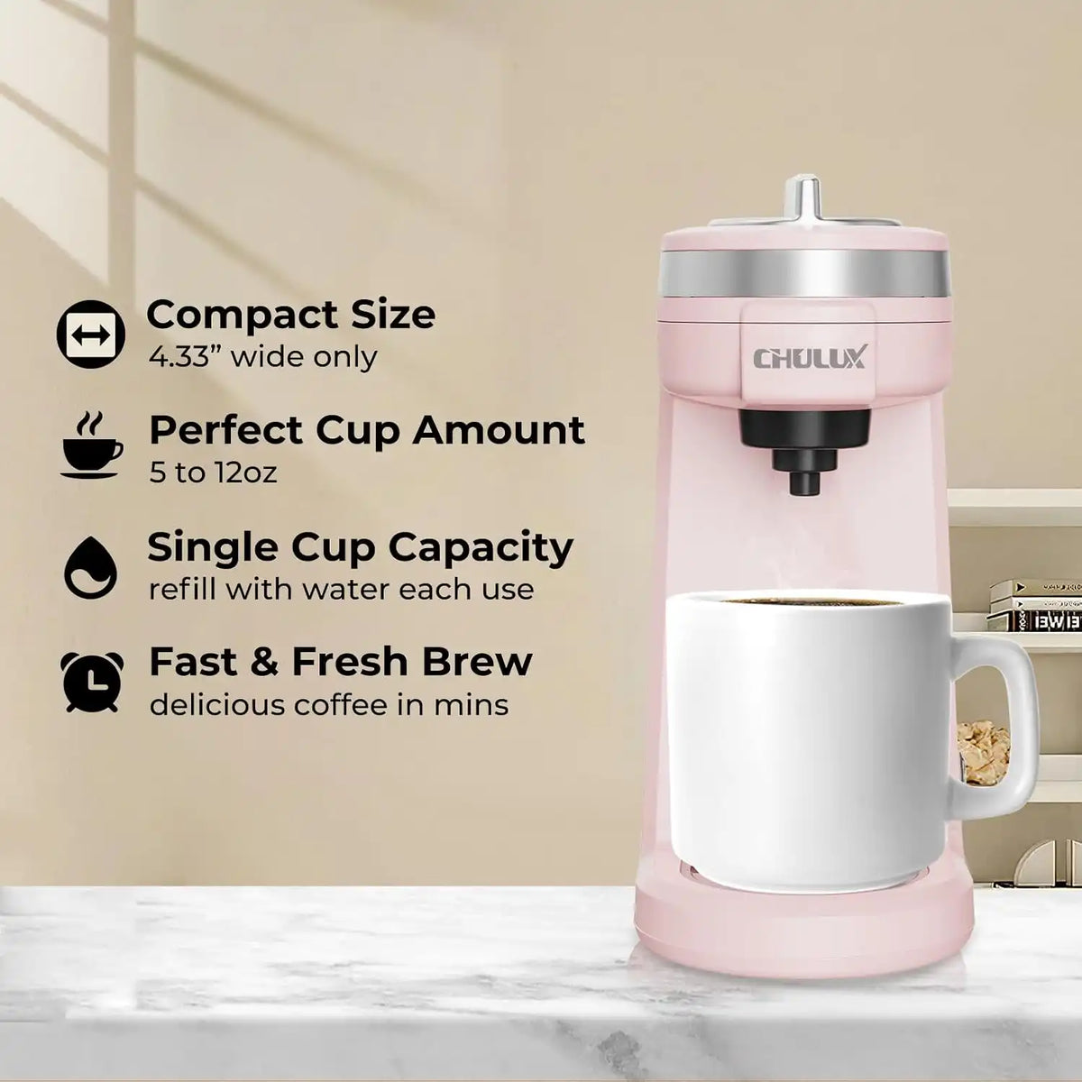 CHULUX Mini Single Serve Coffee Maker for K Cup, Fast Heating, Dusty Rose