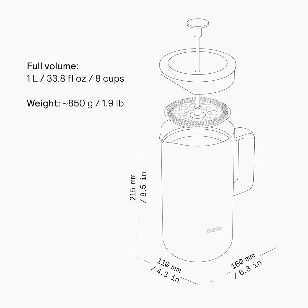 aarke Coffee Press - Stainless Steel, Insulated Double-Walled, 34oz