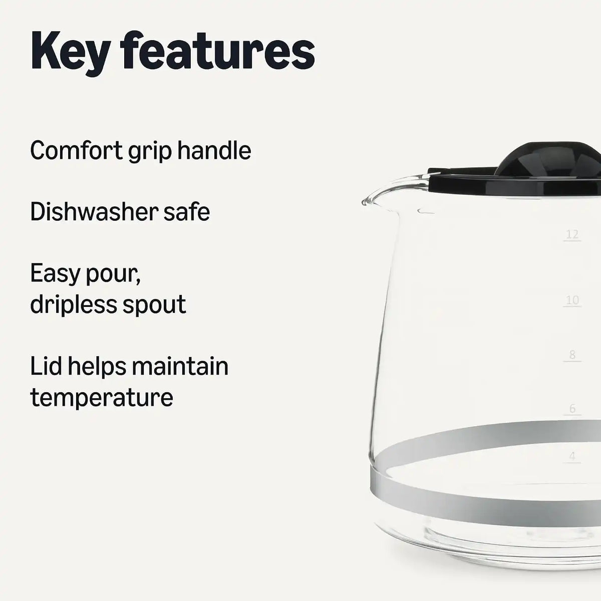 Amazon Basics 12-Cup Glass Replacement Carafe for Coffee Maker, Comfort-Grip Handle, Dripless Spout, Black，Only for B0D9QDMK9X, B0D9QGF1WX