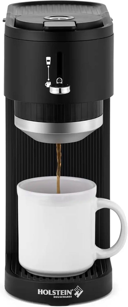 Holstein Housewares 2-in-1 Single Serve Coffee Maker, Dual Brew, Compatible with K-Cup® Pods & Ground Coffee, Reusable Filter Included, Compact Drip Coffee Machine, 14oz Tank, Fits Most Cups - Black