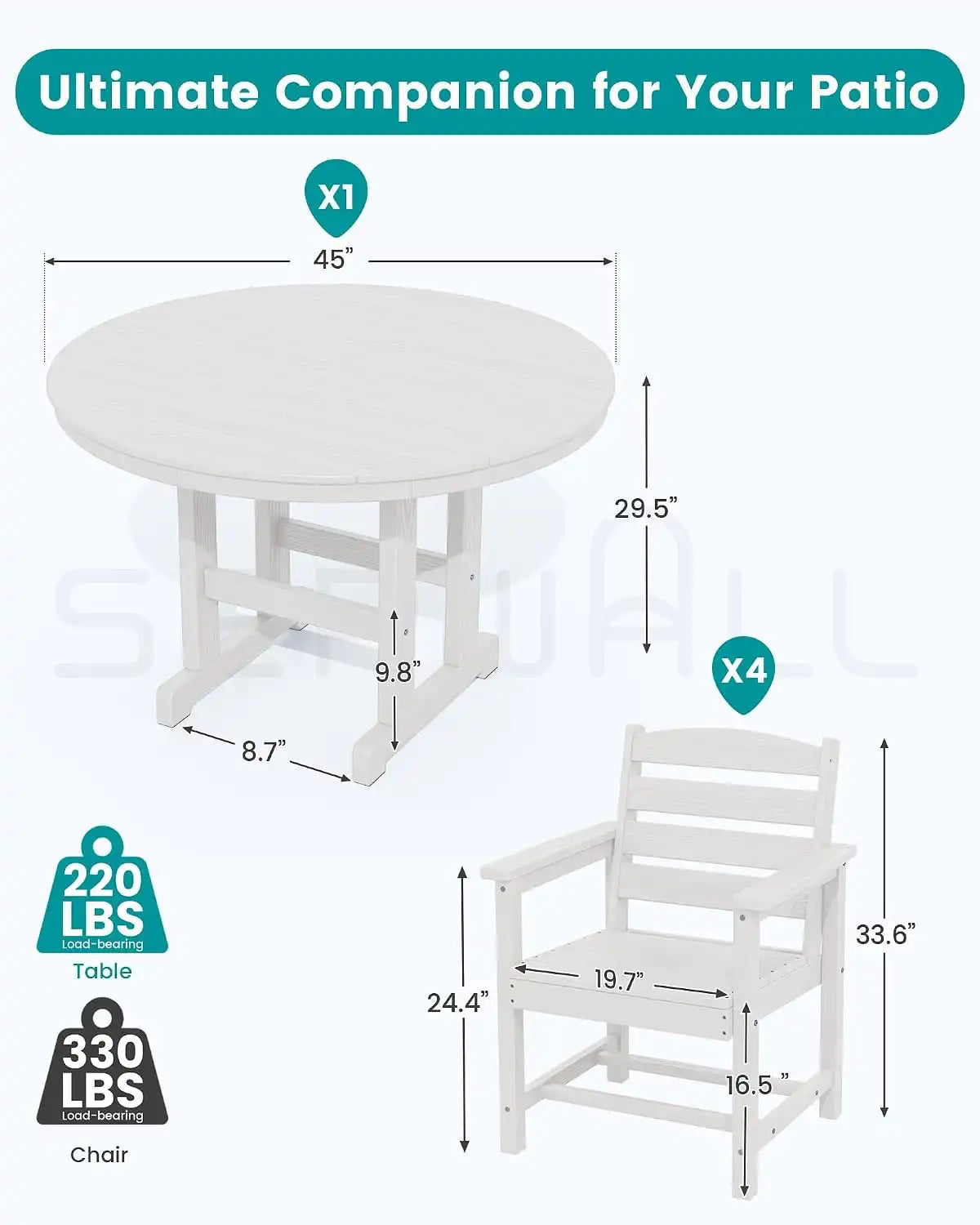 SERWALL 5-Piece Patio Dining Set, 45" Round Table, 4 Chairs, White