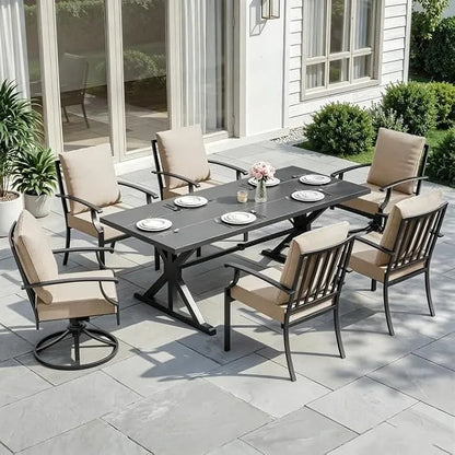 ALAULM 7-Piece Patio Dining Set,Outdoor Metal Dining Set with 2 Swivel Chairs & Rectangle Table with 1.5 Umbrella Hole, Patio Dining Table and Chairs for Backyard,Sand