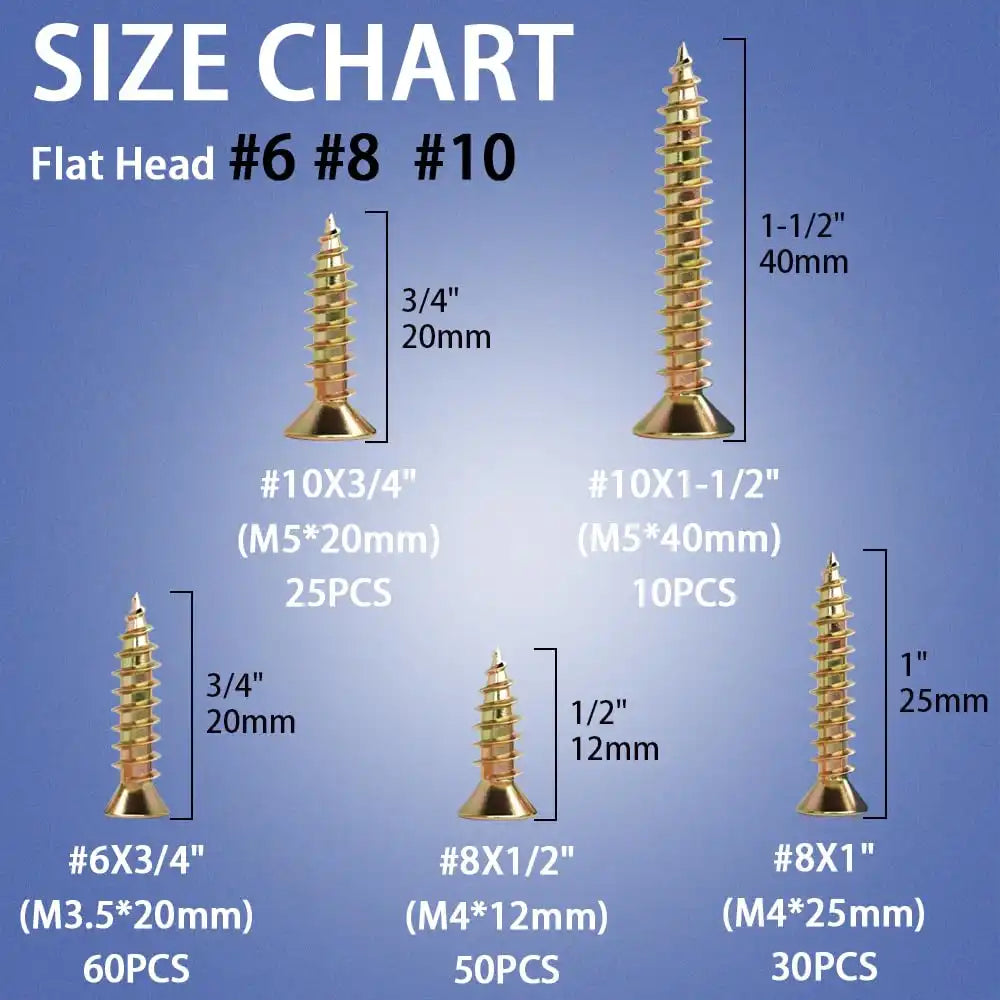 Wood Screws Assortment Kit, 175Pcs, #6#8#10 Self Tapping Screws, Yellow Zinc Plated, Flat Head Phillips Screws Set, Assorted Screws, Screw Assortment, Length 1/2, 3/4, 1, 1-1/2 Inch, Gold