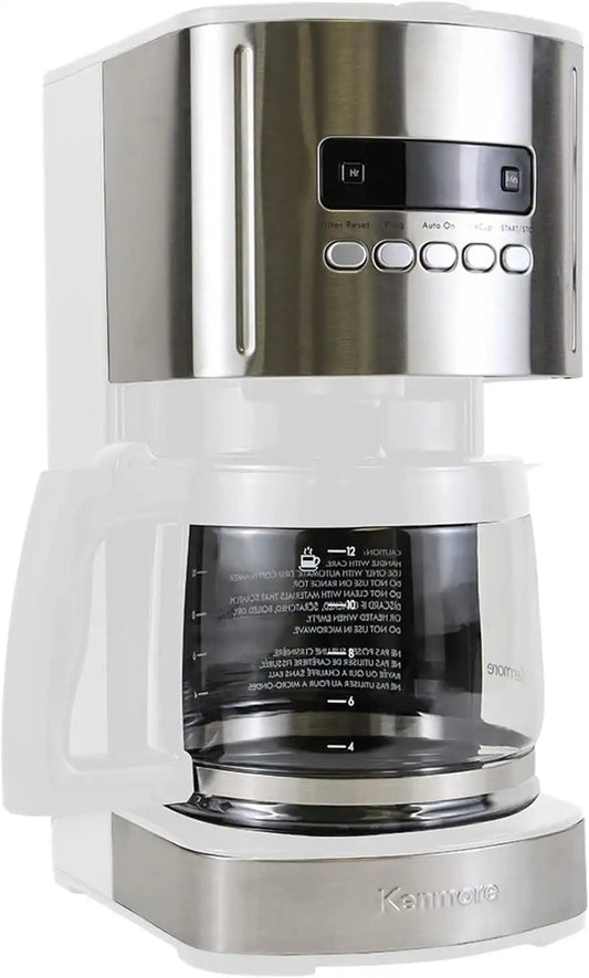 enmore Aroma Control 12-cup Programmable Coffee Maker, White and Stainless Steel Drip Coffee Machine, Glass Carafe, Reusable Filter, Timer, Digital Display, Charcoal Water Filter, Regular or Bold