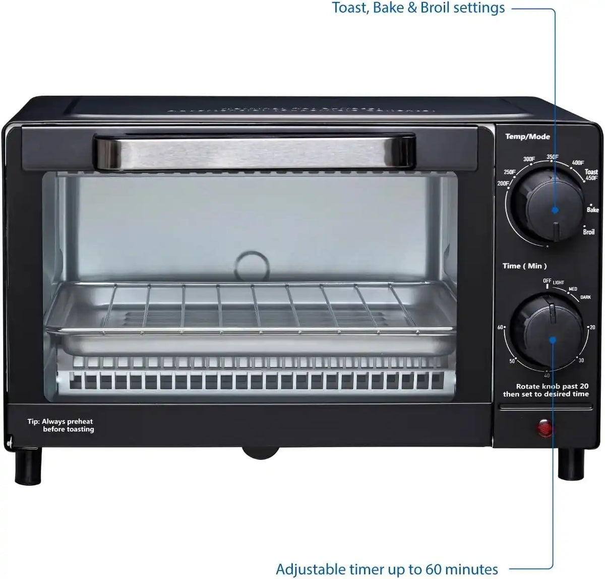 Mainstay Toaster Oven Combo Kitchen Appliances, Fits 9” Pizza, 4 Slice Capacity, Powerful Circulation, Auto Shutoff, Includes Baking Rack Pan Quartz, up to 60 Min, Easy Clean (Black)