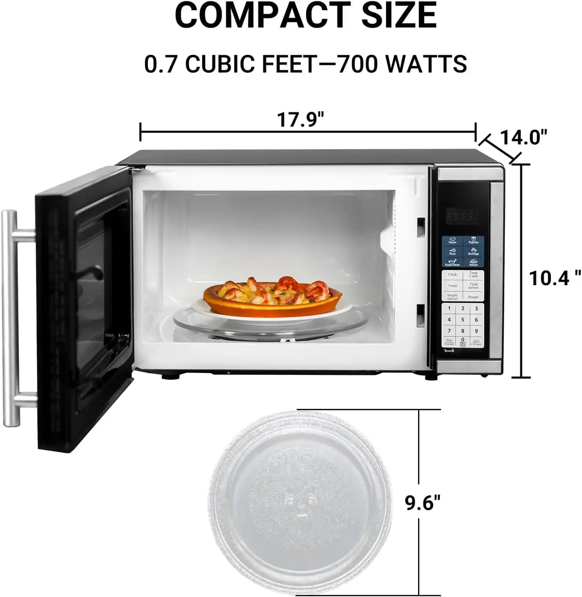 Smad 0.7 Cu.Ft Small Microwave, Countertop Microwave Oven with Removable Turntable, 6 Auto Menus and Child Lock, Mini Oven microondas for Apartments, Dorm and Kitchen, Stainless Steel, 700W