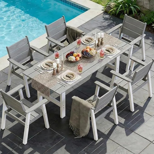 Outdoor Dining Chairs Set of 2,HDPE Patio Chairs with Wide Seat,Ergonomic Design Outdoor Furniture for Porch,Backyard,Deck,White and Grey