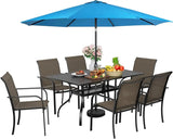 SUNCROWN 8 - Piece Outdoor Dining Set, Patio Furniture Set with 6 Textilene Dinning Chairs, 1 Rectangle Metal Table and 1 Sky Blue 9Ft Patio Umbrella for Lawn Garden Backyard Deck, Brown