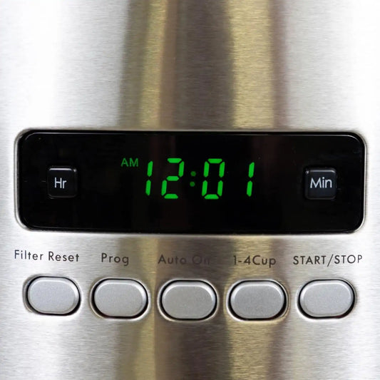 Koolatron Kenmore Coffee Maker 12 cup Drip Coffee Machine Programmable Aroma Control Glass Carafe Reusable Filter Timer Digital Display Charcoal Water Filter Regular Bold Stainless Steel and Black