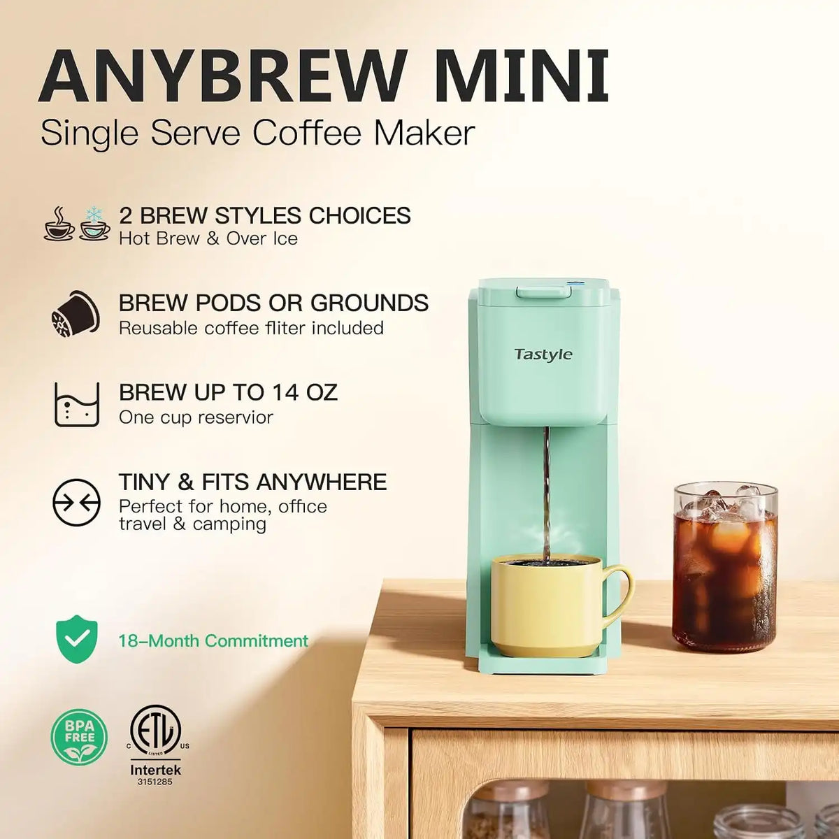 Tastyle Mini Single Serve Hot and Iced Coffee Maker for K Cup and Ground