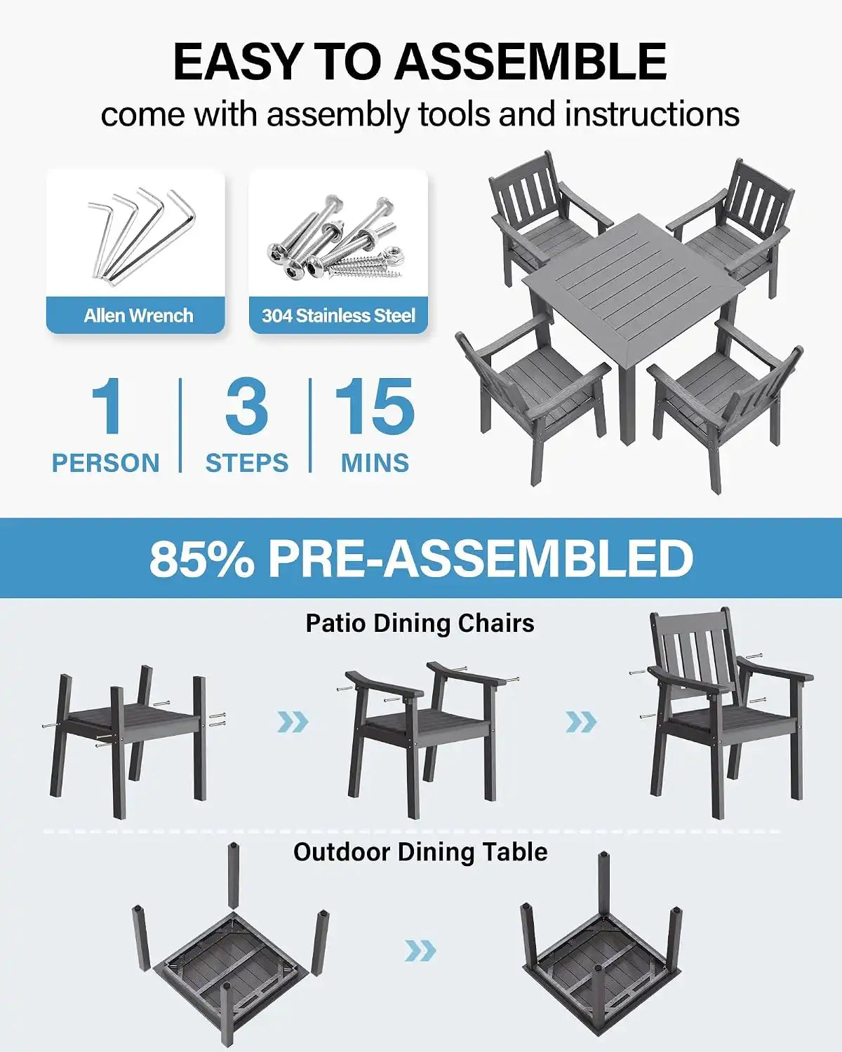 YEFU Patio Table Set for 4, All-Weather HIPS, Metal Aluminum Frame, Gray