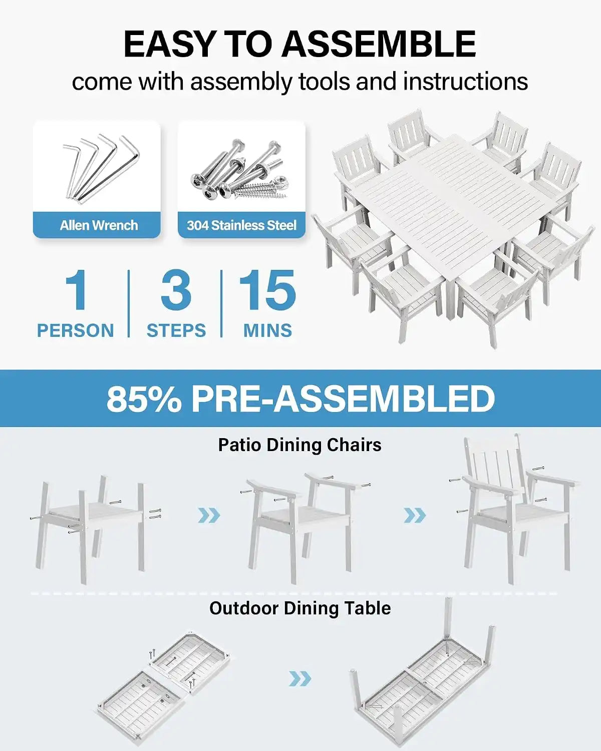YEFU Outdoor Dining Set for 8, All-Weather HIPS, Aluminum Frame, White