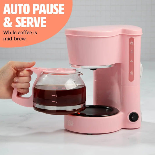Tasty 5-Cup Coffee Maker with Auto Pause & Pour, Reusable Filter, Easy View Water Reservoir and Warming Plate, Glass Carafe, Compact Brew & Drip Coffee Maker, 5-Cup, Pink