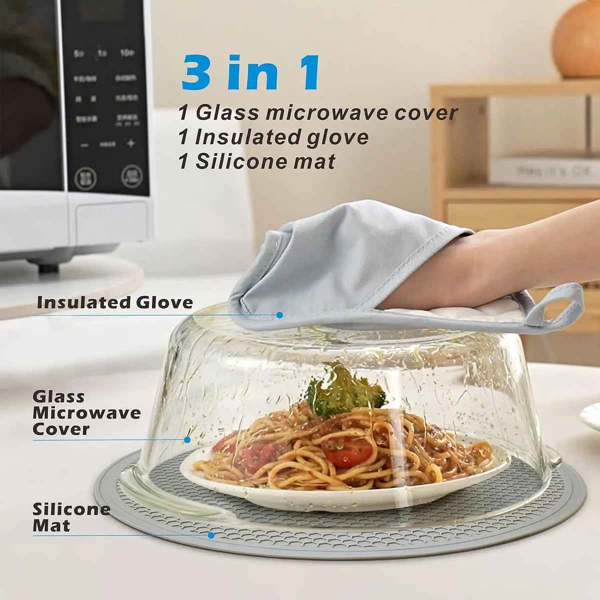 Glass Microwave Splatter Cover with Glove and Mat for Food, 10in Guard Lid