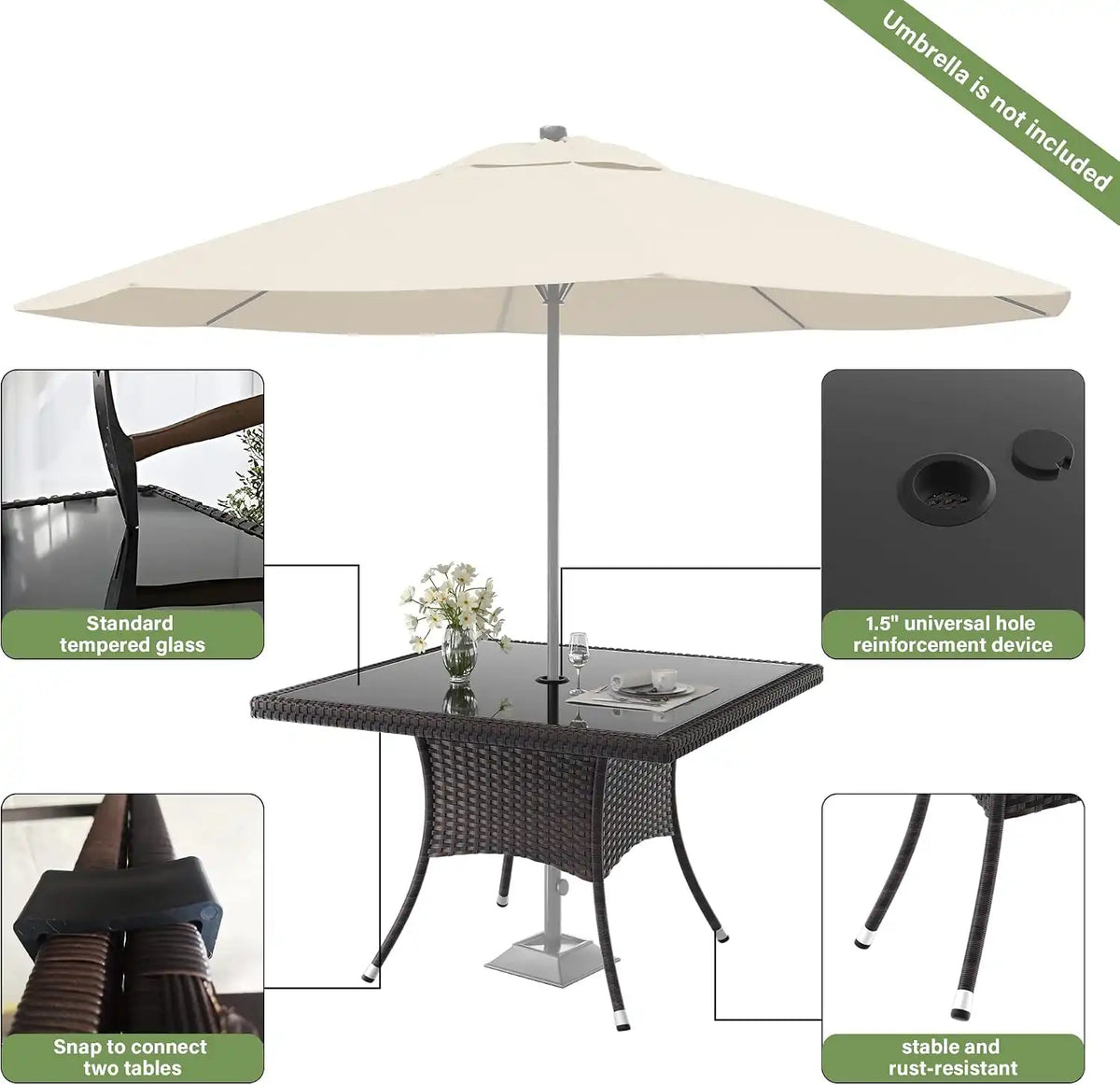 ALAULM 5 Piece Patio Dining Set All-Weather Wicker Outdoor Furniture Set w/Tempered Glass Tabletop, Removable Cushions and Umbrella Hole for Patio, Backyard, Garden, Poolside（Grey）