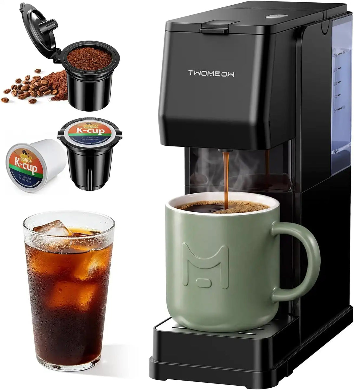 Single Cup Coffee Maker, Hot and Iced for K-cup Pods and Grounds