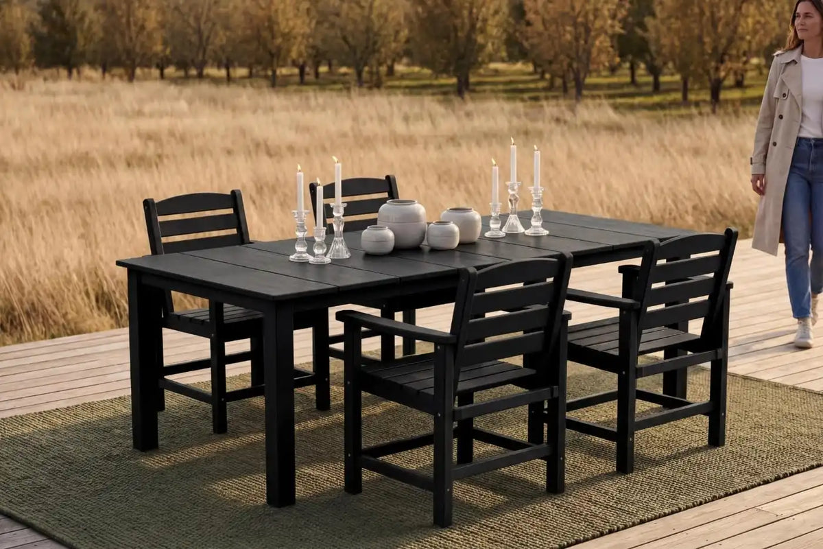 Perli™ 5-Piece Outdoor Dining Set, All-Weather HDPE Patio Furniture with 4 Armrest Chairs and Rectangular Table, UV-Resistant 4-Person Set for Deck, Backyard, Black