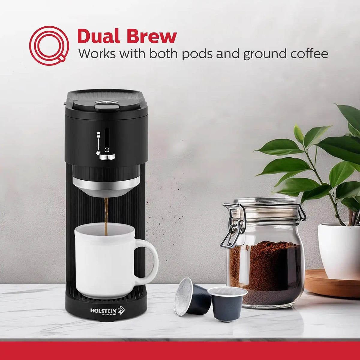 Holstein Housewares 2-in-1 Single Serve Coffee Maker, Dual Brew, Compatible with K-Cup® Pods & Ground Coffee, Reusable Filter Included, Compact Drip Coffee Machine, 14oz Tank, Fits Most Cups - Black