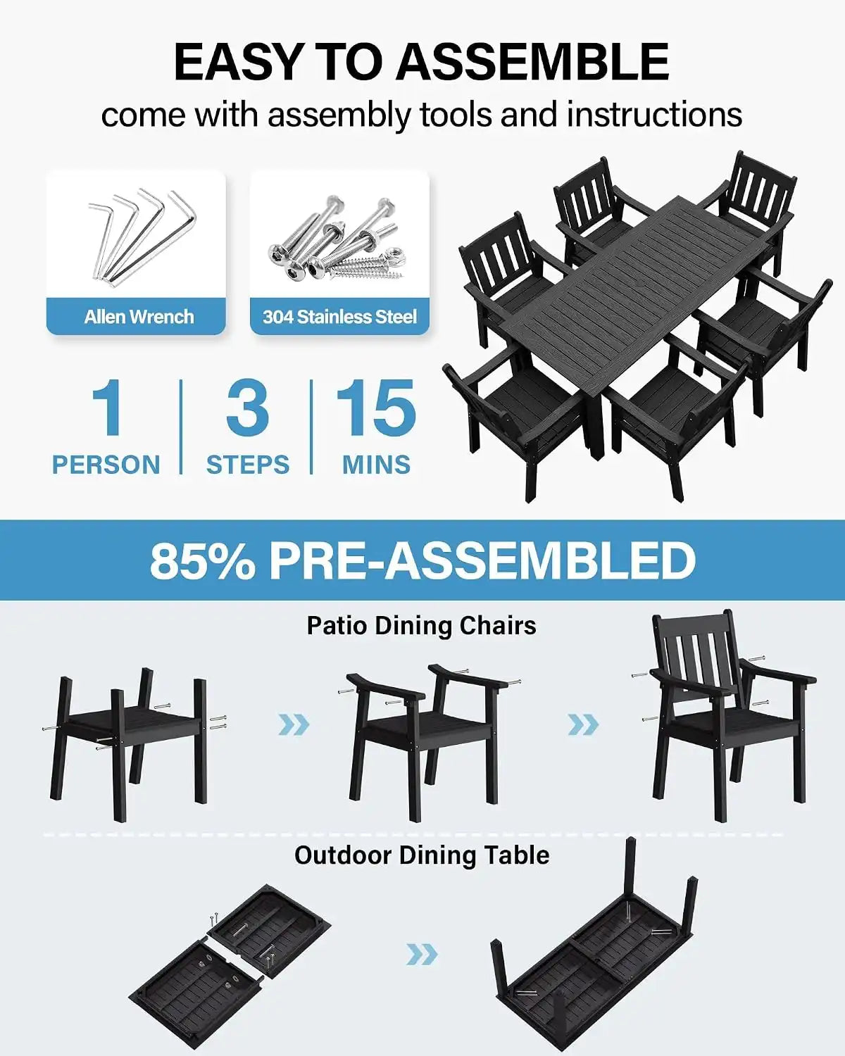 YEFU Patio Dining Chairs Set of 6, Weather Resistant HIPS, Black