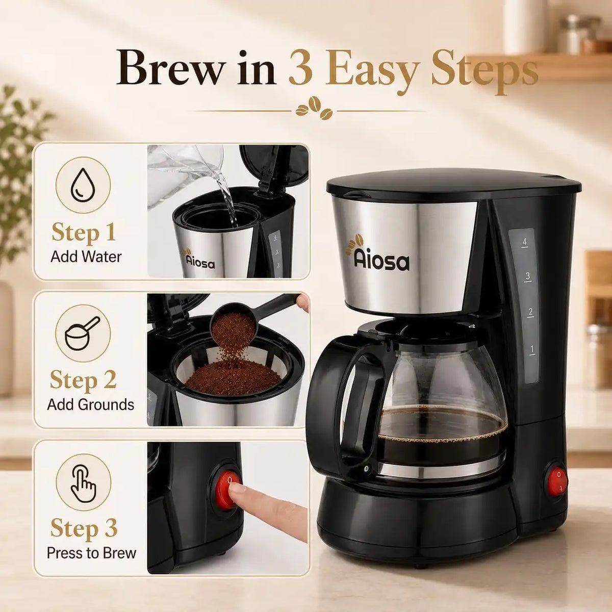 4 Cup Mini Drip Coffee Maker, Reusable Filter, Keep Warm, Anti-Drip