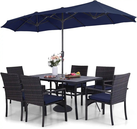 Sophia & William 7pc Patio Dining Set with Navy Umbrella, 6 Rattan Chairs