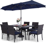 Sophia & William 7pc Patio Dining Set with Navy Umbrella, 6 Rattan Chairs