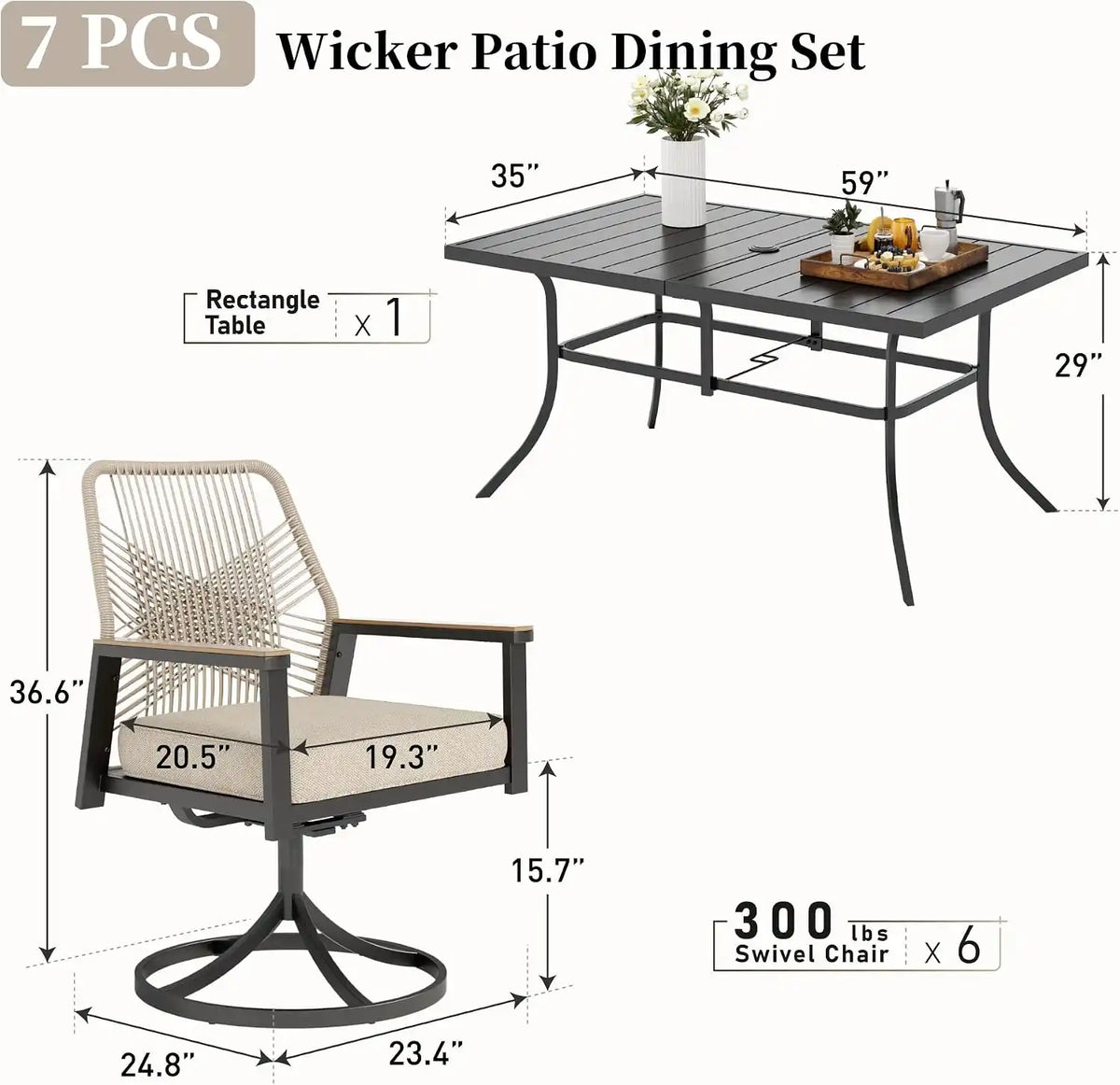 SUNSHINE VALLEY 7pc Patio Dining Set, 59" Metal Table & 6 Swivel Chairs