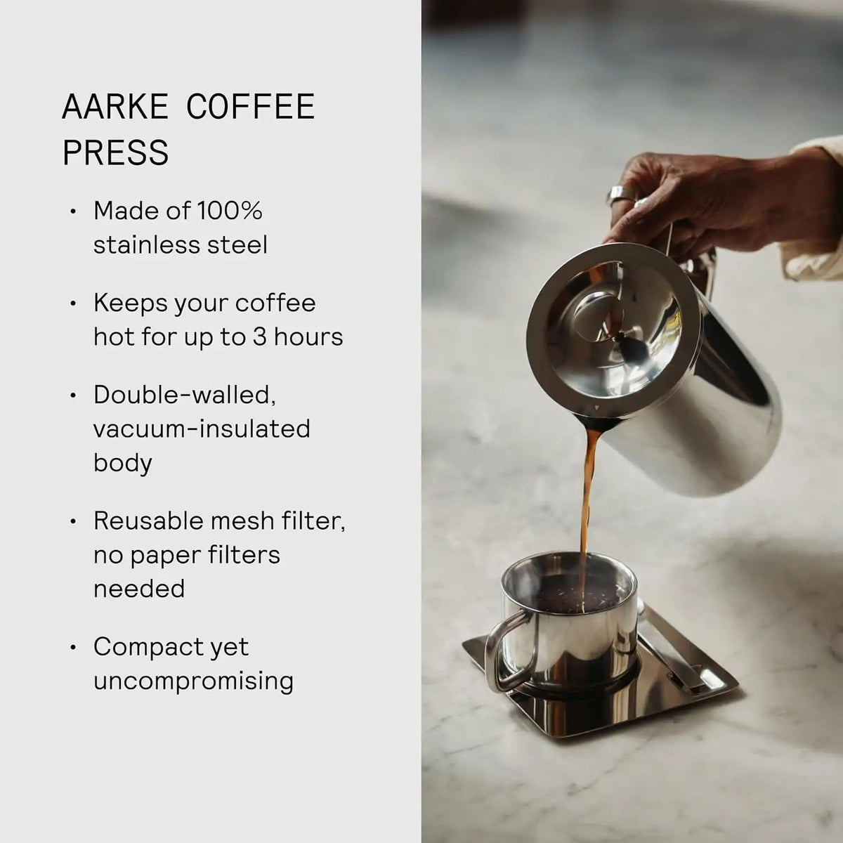aarke Coffee Press - Stainless Steel, Insulated Double-Walled, 34oz