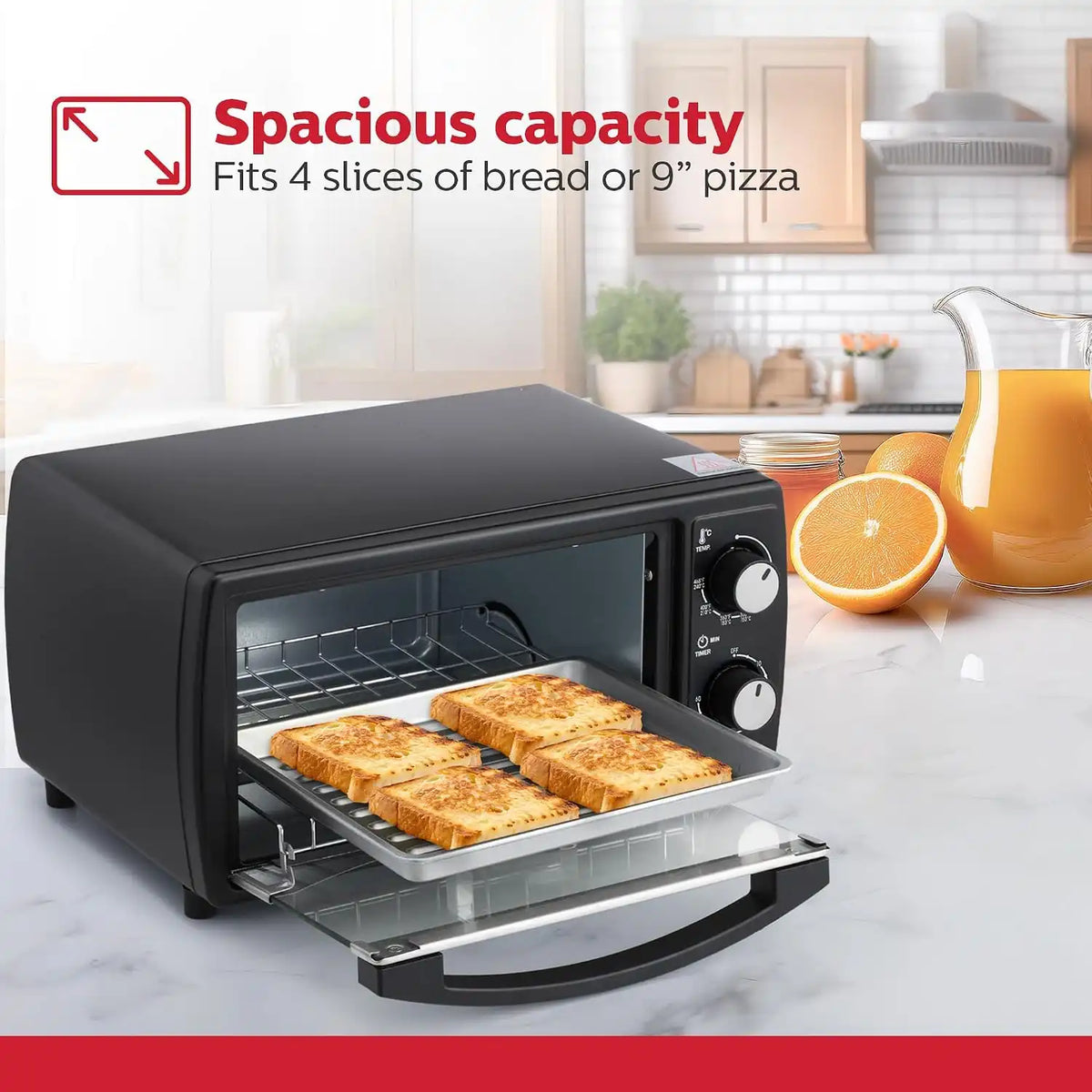 Holstein Housewares 4 Slice Countertop Toaster Oven with 60 Minute Timer Includes Pan and Wire Rack, Perfect for Baking, Broiling, and Toasting Compact Design in Sleek Black for Convenient Kitchen Use