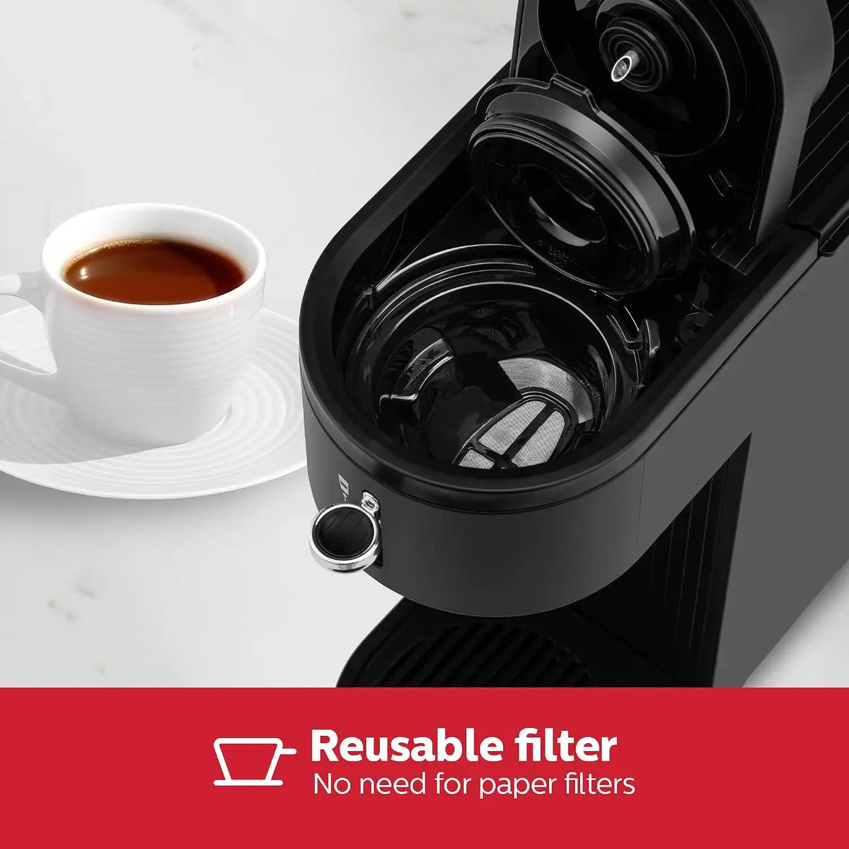 Holstein Housewares 2-in-1 Single Serve Coffee Maker, Dual Brew, Compatible with K-Cup® Pods & Ground Coffee, Reusable Filter Included, Compact Drip Coffee Machine, 14oz Tank, Fits Most Cups - Black