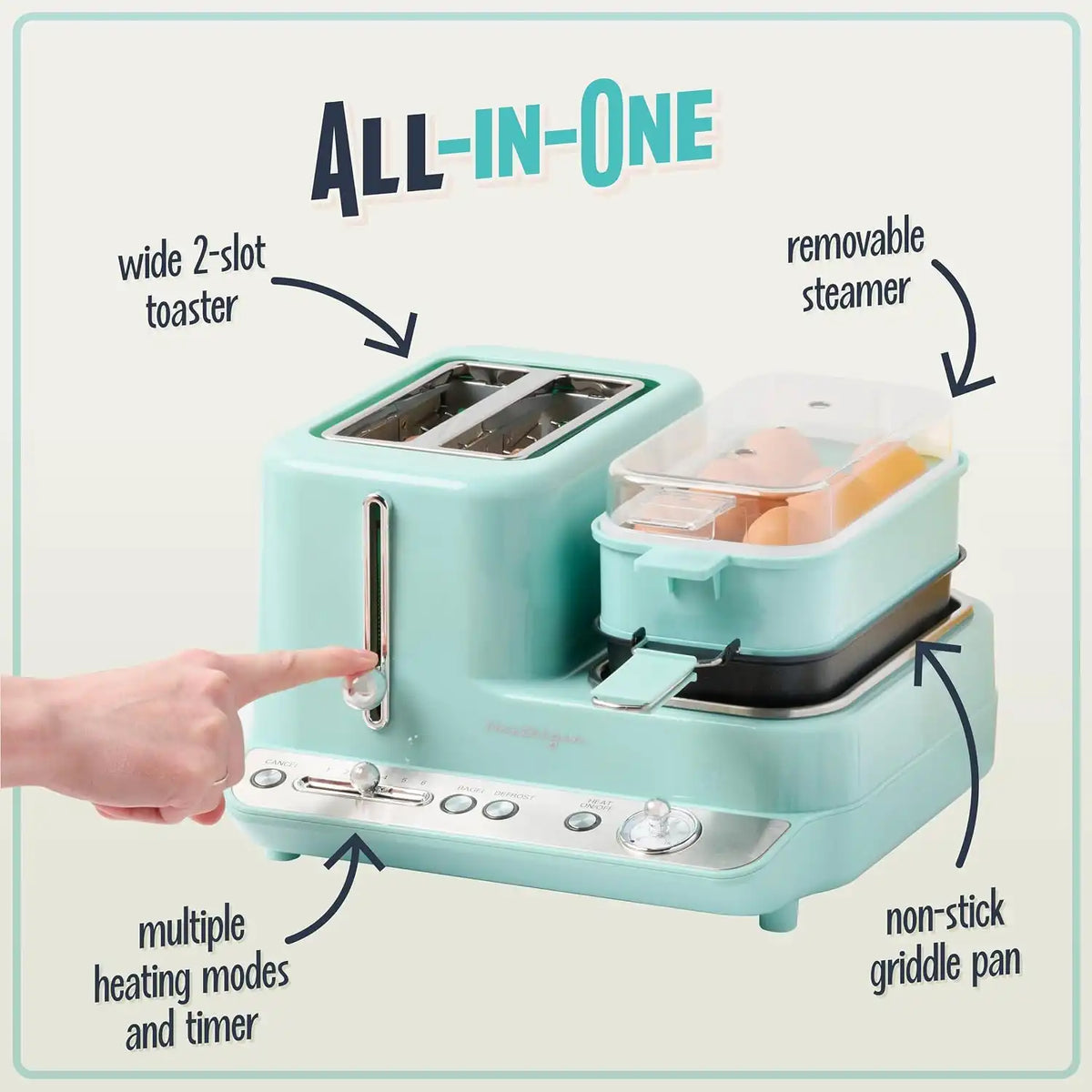 Nostalgia Classic Retro 3-in-1 Breakfast Station, 2-Wide Slot Toaster With Adjustable Toasting Control, Non-Stick Griddle, 6 Capacity Egg Cooker With Lid