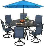 SUNCROWN 8-Piece Outdoor Dining Set, All Weather Patio Furniture Sets with 6 Dark Blue Swivel Textilene Mesh Chairs & Round Metal Table & 1 Light Blue 9Ft Umbrella for Deck Garden Backyard Poolside
