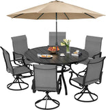 SUNCROWN 8-Piece Outdoor Dining Set, All Weather Patio Furniture Sets with 6 Dark Gray Swivel Textilene Mesh Chairs & Round Metal Table & 1 Brown 9Ft Umbrella for Deck Garden Backyard Poolside