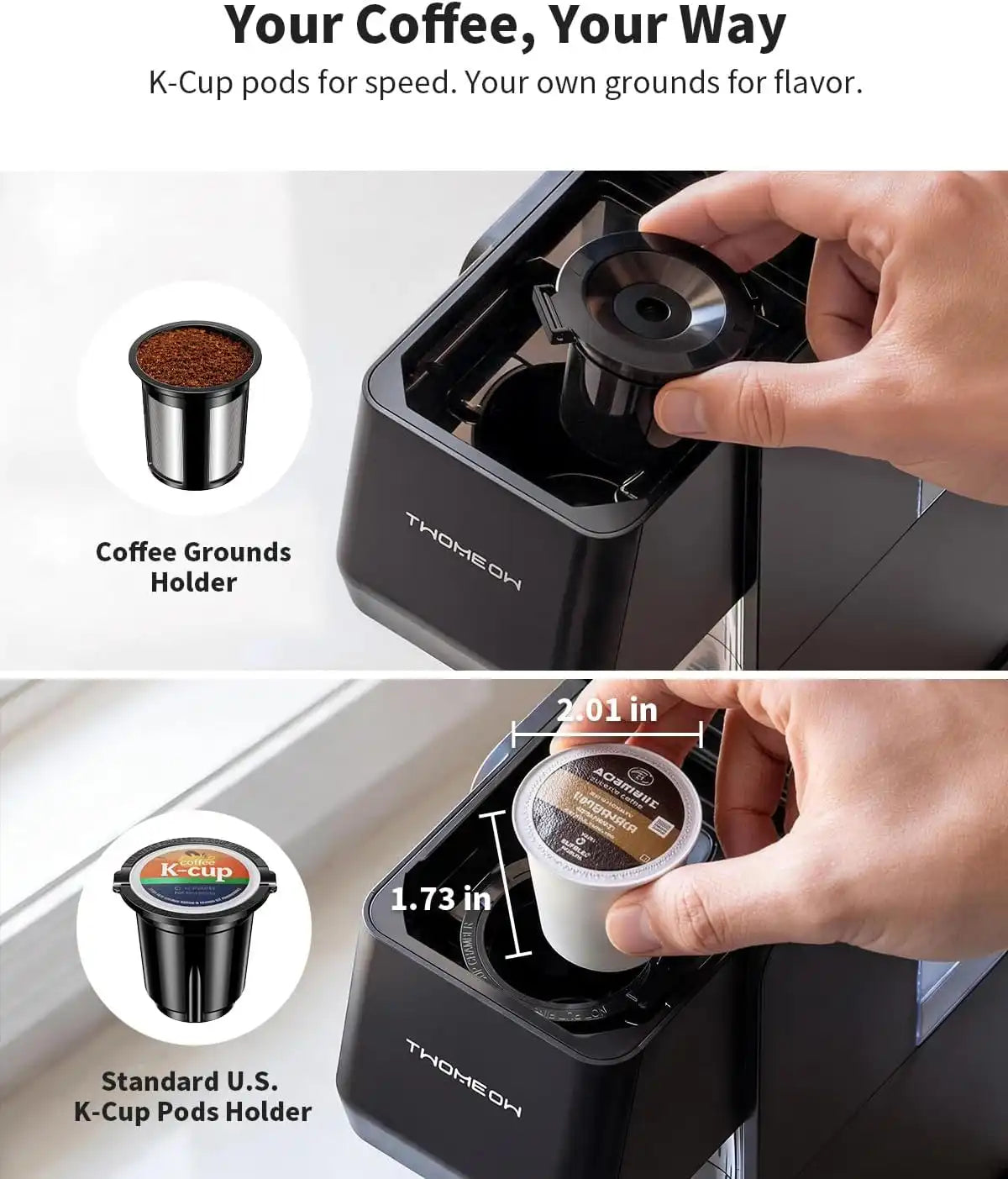 Single Cup Coffee Maker, Hot and Iced for K-cup Pods and Grounds